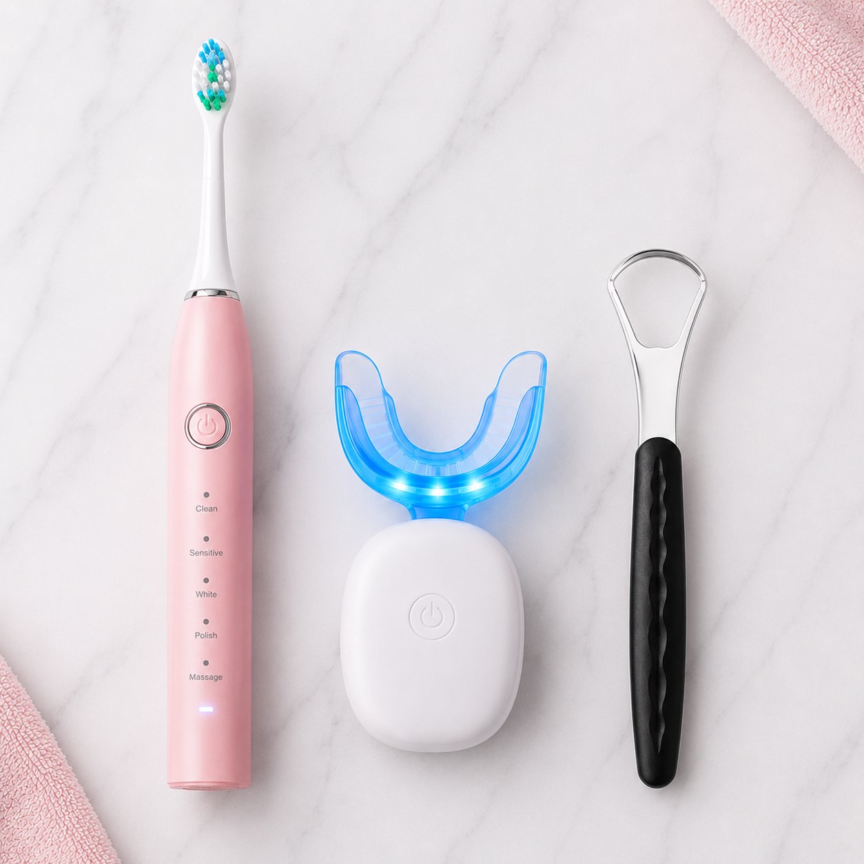 Snosha complete oral care bundle: N2 pink electric toothbrush, LED whitening kit and Snoshax tongue scraper on marble