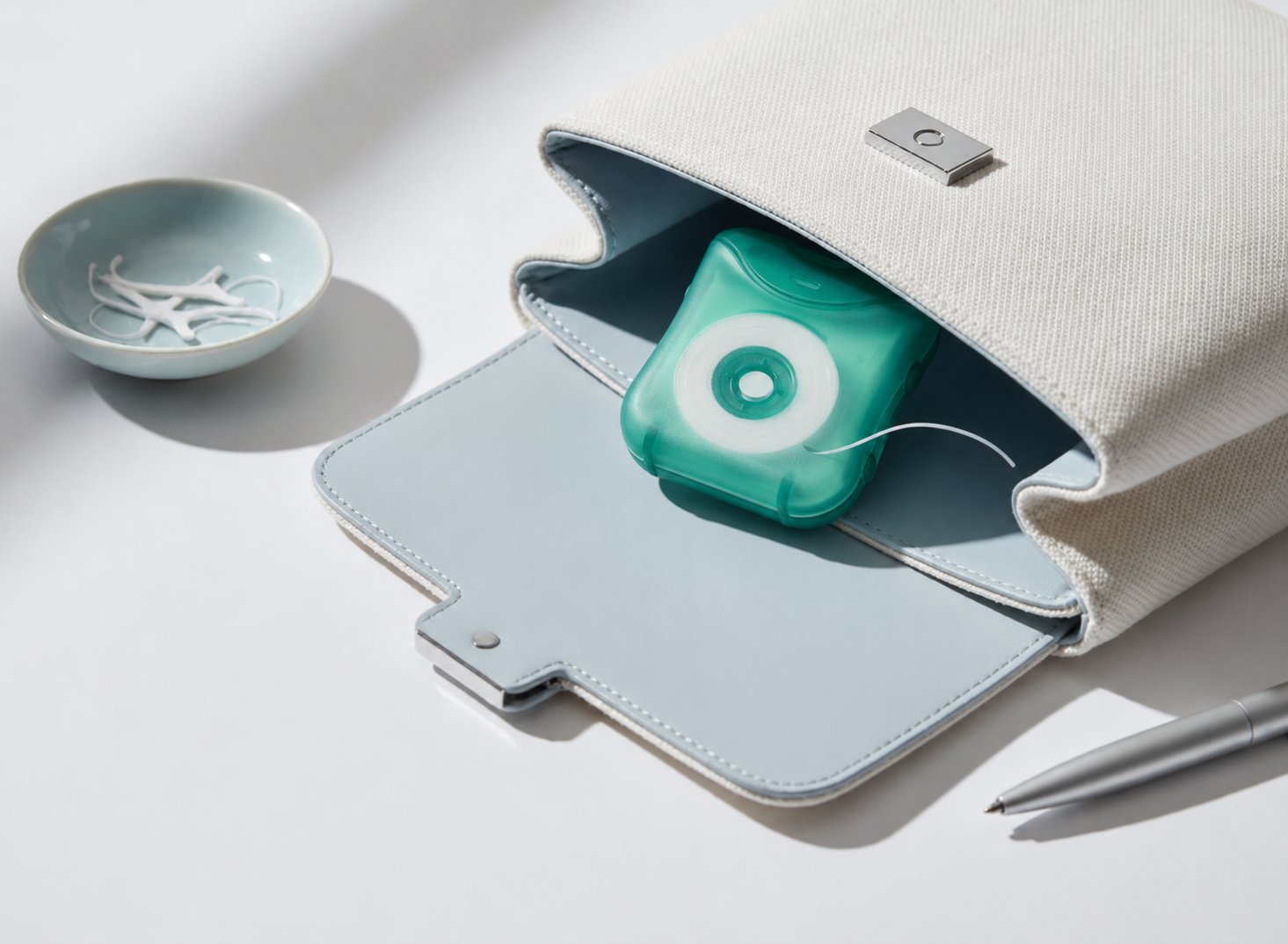 Snosha dental floss teal dispenser sliding out of travel bag lifestyle product shot