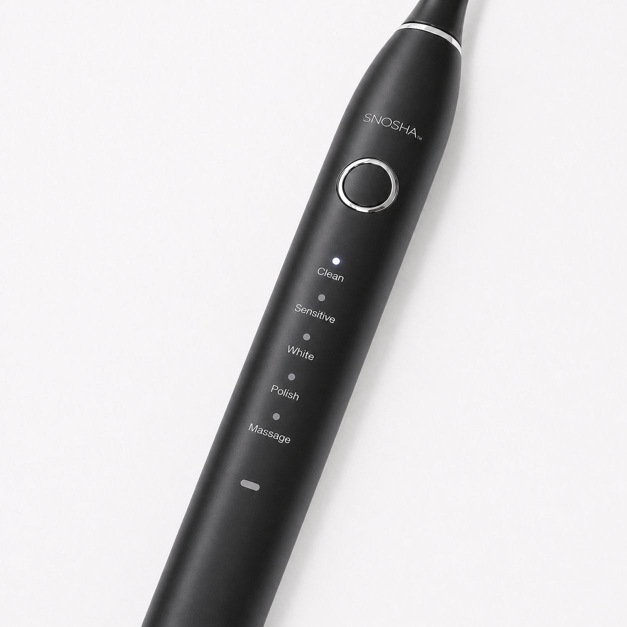 Snosha N2 black electric toothbrush showing 5 cleaning modes: Clean, Sensitive, White, Polish, Massage
