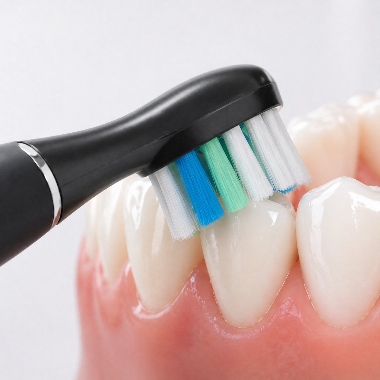 Snosha N2 black toothbrush DuPont brush head at 45-degree angle along gumline