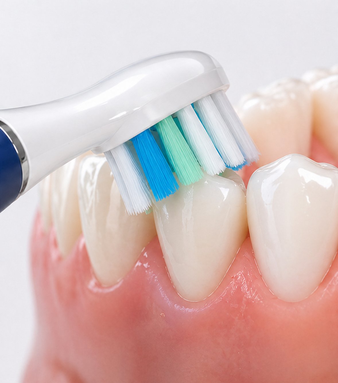 Snosha N2 blue toothbrush DuPont brush head at 45-degree angle on teeth and gumline