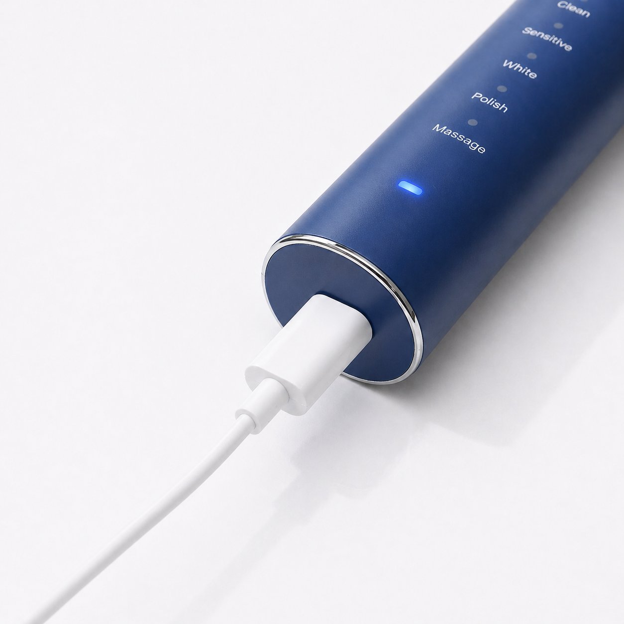 Snosha N2 blue electric toothbrush USB-C charging port with battery indicator light