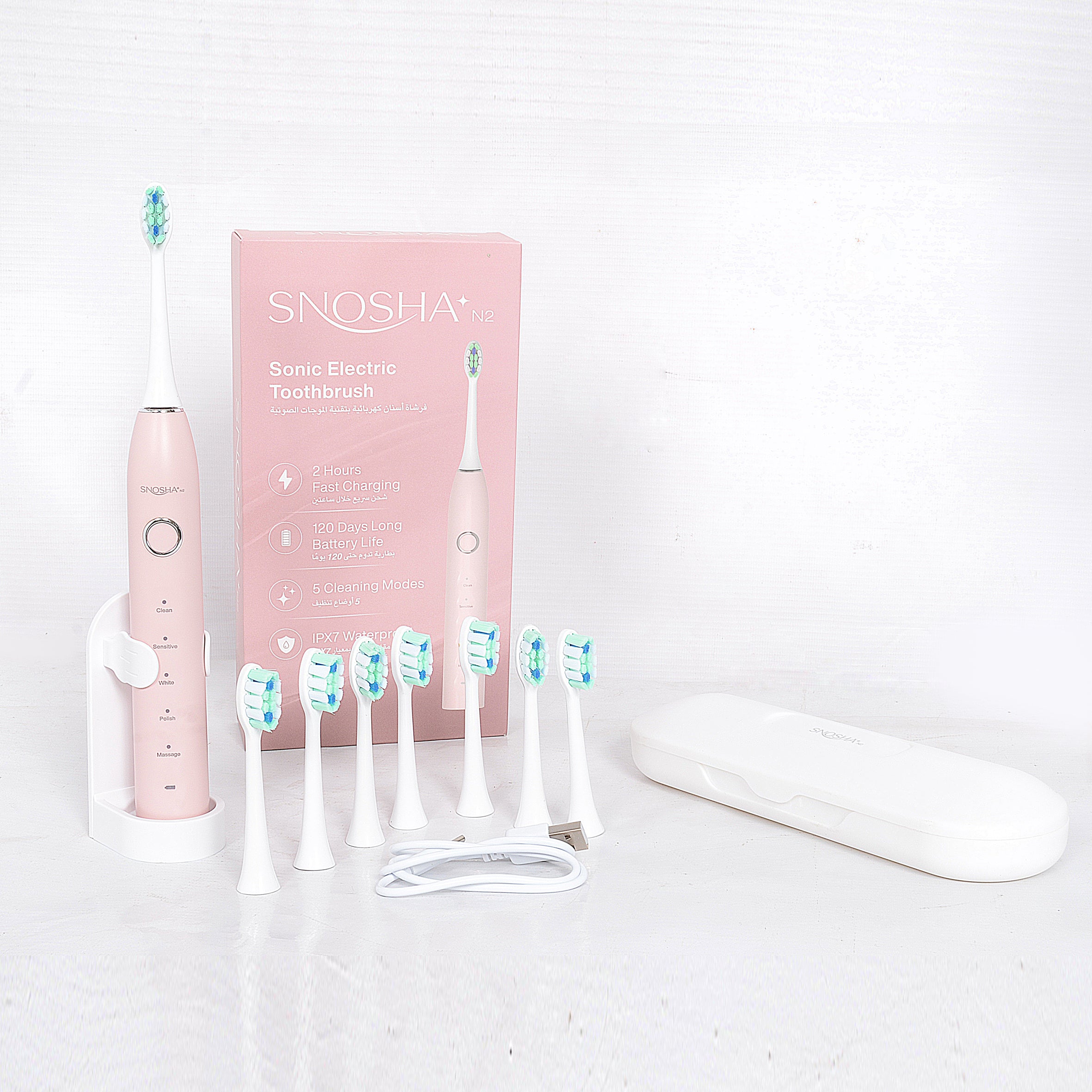 Snosha N2 pink electric toothbrush complete kit with box, 8 brush heads, travel case and charging stand