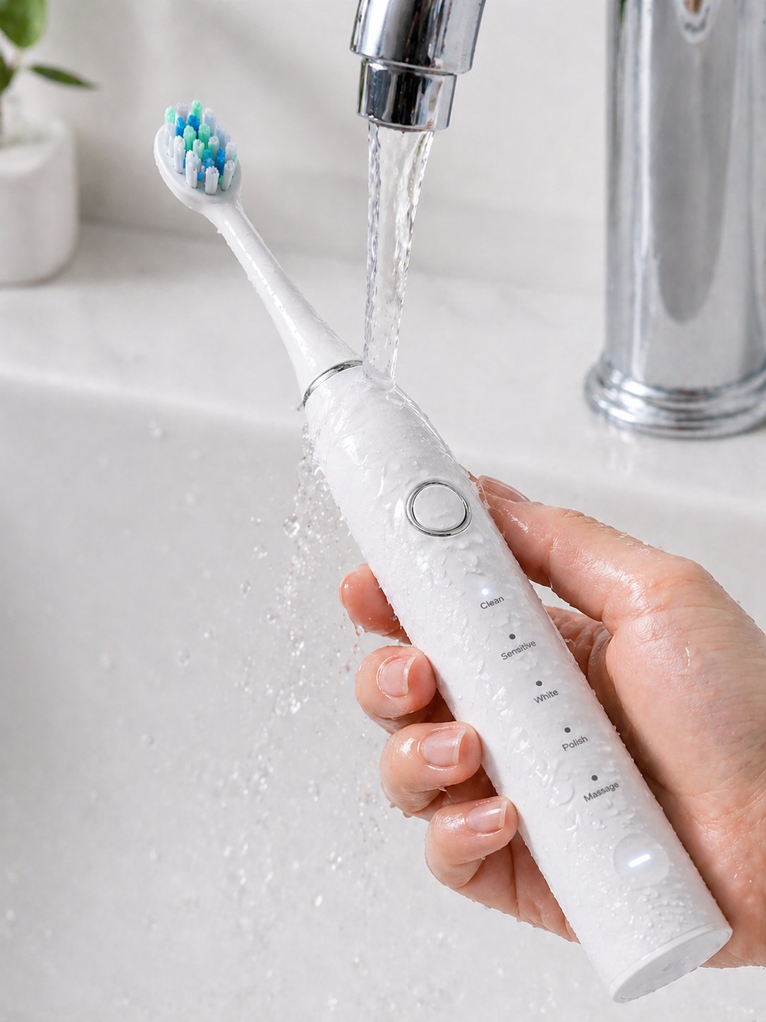 Snosha N2 white electric toothbrush being rinsed under running tap demonstrating IPX7 waterproof
