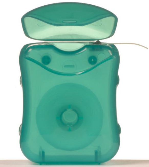 Snosha dental floss in teal green compact container with lid open showing floss spool