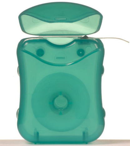 Snosha dental floss in teal green compact container with lid open showing floss spool