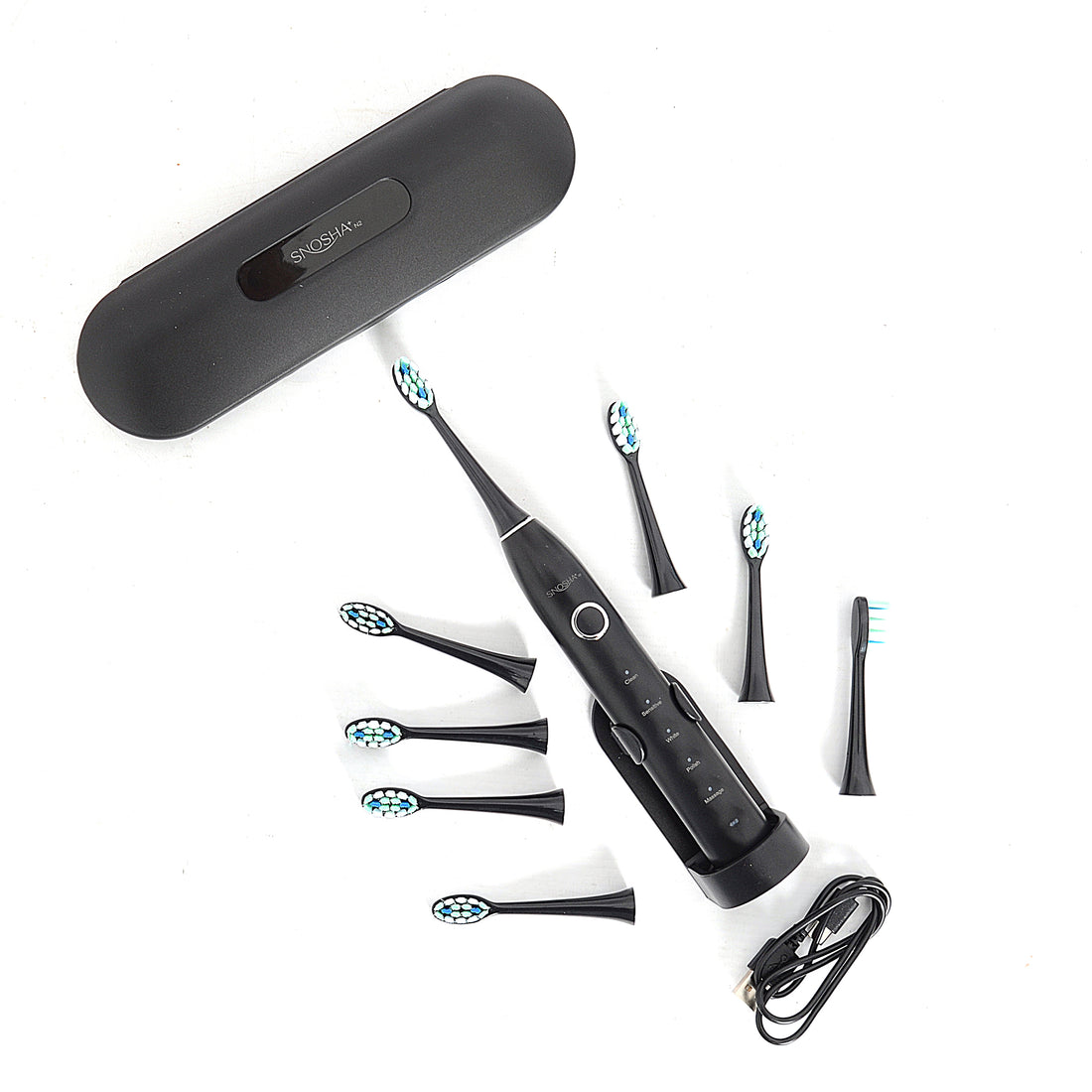 Snosha N2 black electric toothbrush complete kit with black box, 8 brush heads and travel case