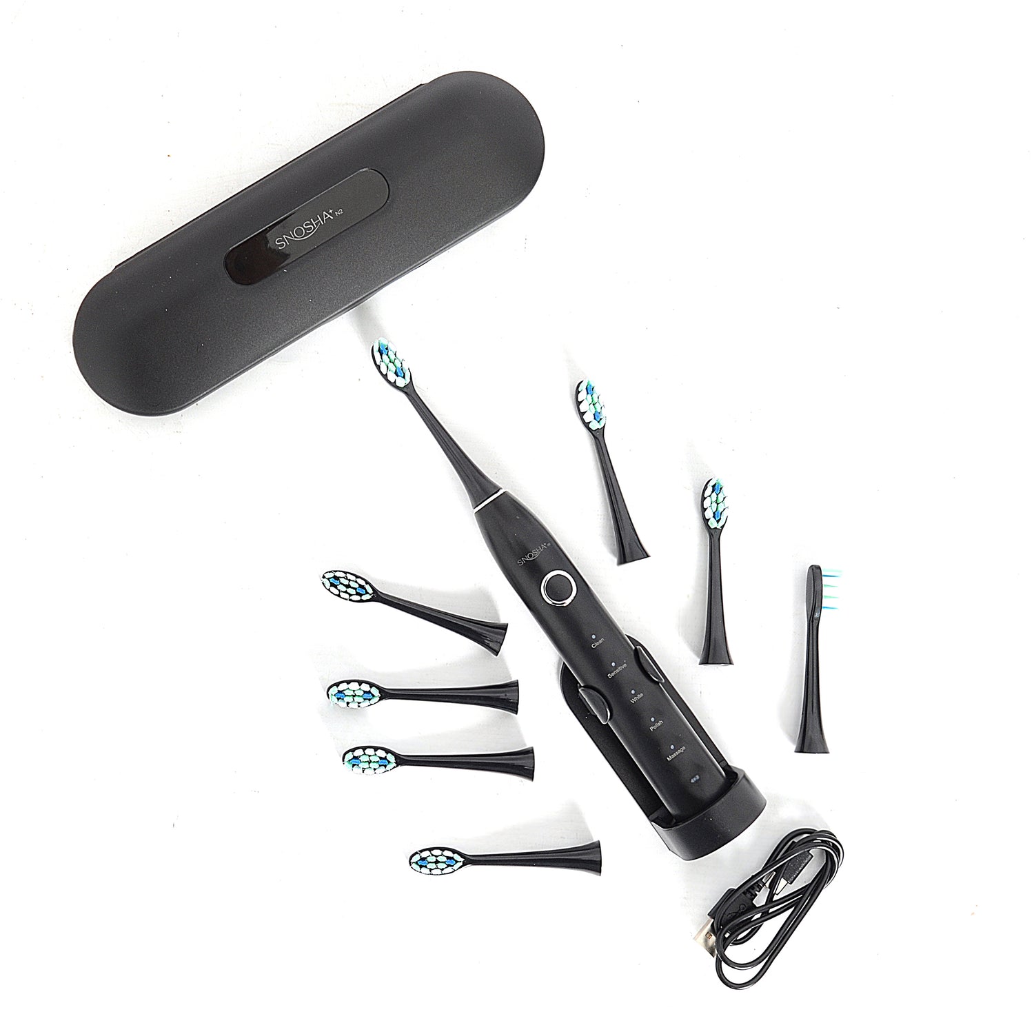 Snosha N2 black electric toothbrush complete kit with black box, 8 brush heads and travel case