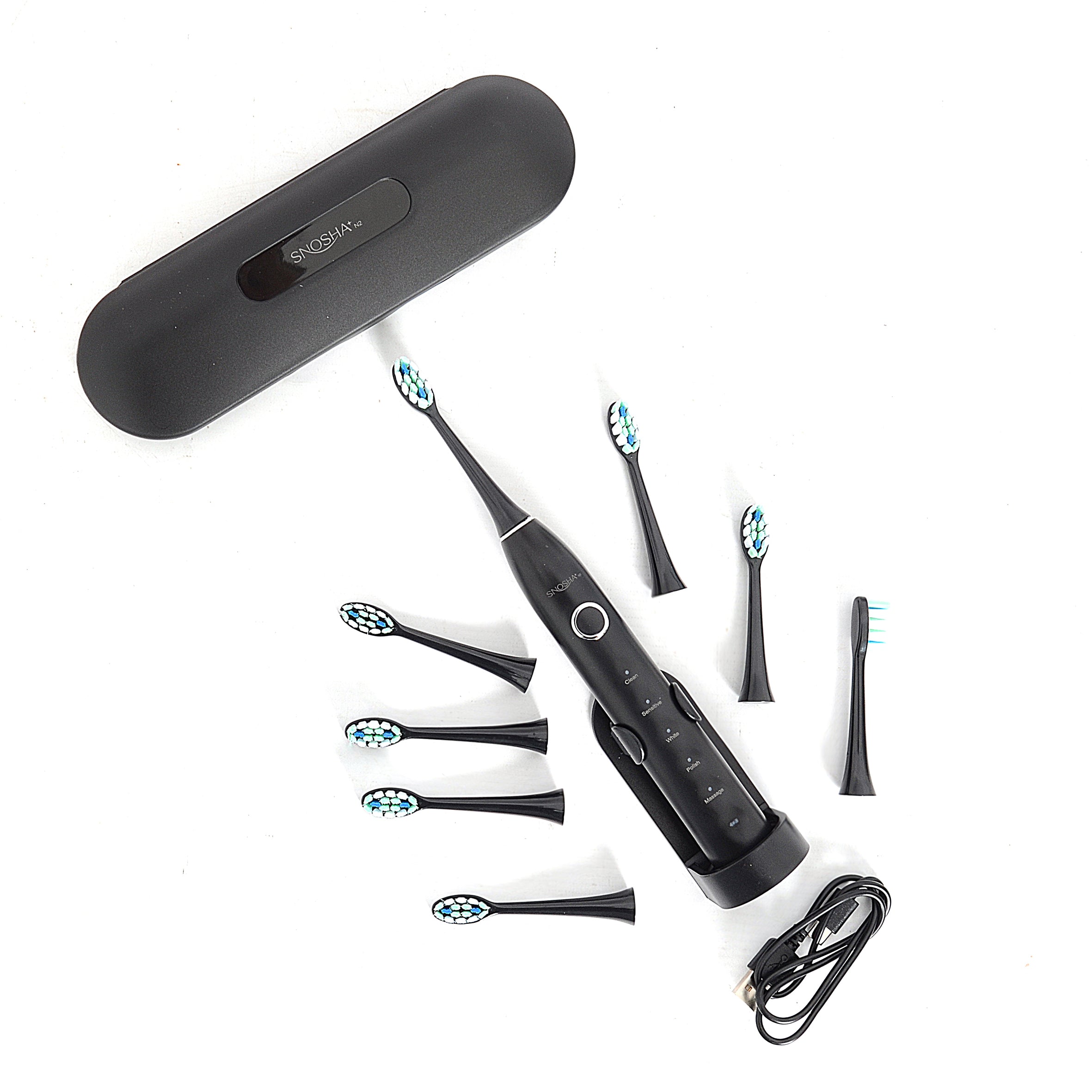 Snosha N2 black electric toothbrush complete kit with black box, 8 brush heads and travel case
