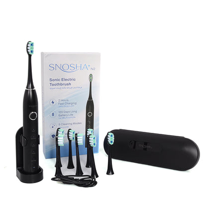 Snosha N2 black electric toothbrush kit with packaging, brush heads, stand and USB cable