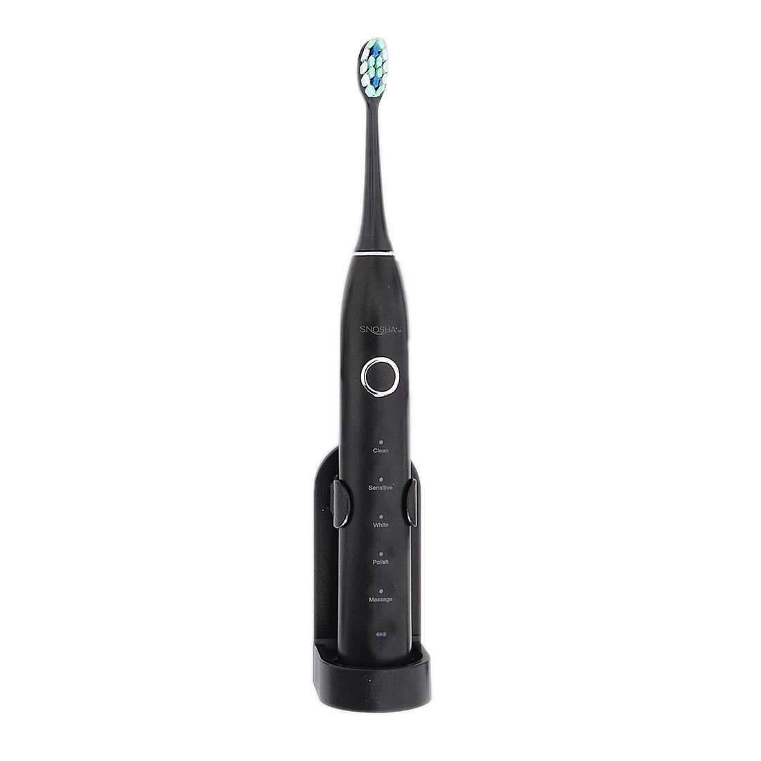 Snosha N2 black sonic electric toothbrush in charging stand on white background
