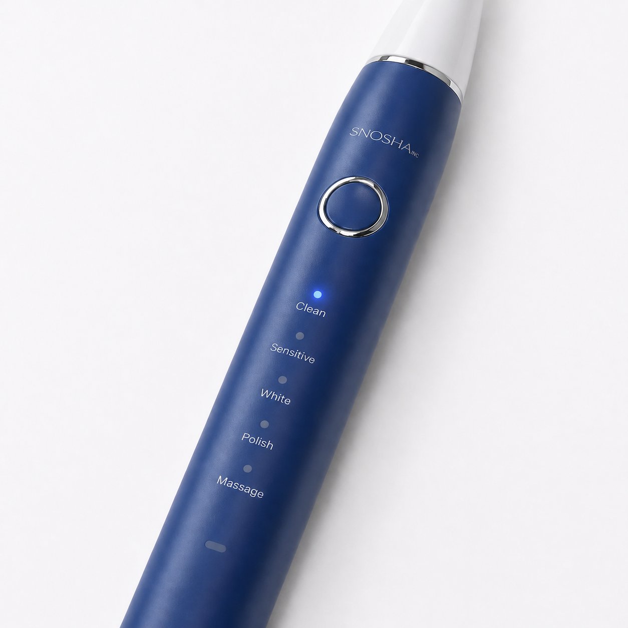 Snosha N2 blue electric toothbrush showing 5 cleaning modes with Clean mode active