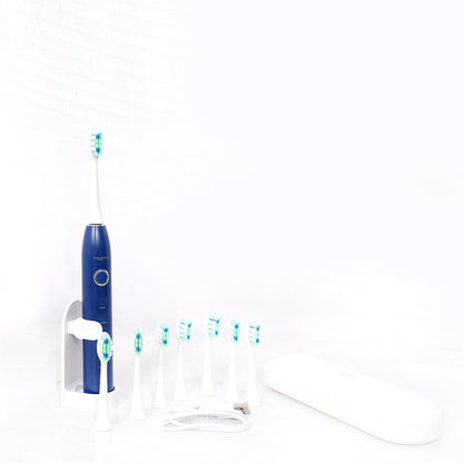 Snosha N2 blue electric toothbrush with 8 replacement brush heads, travel case and stand display