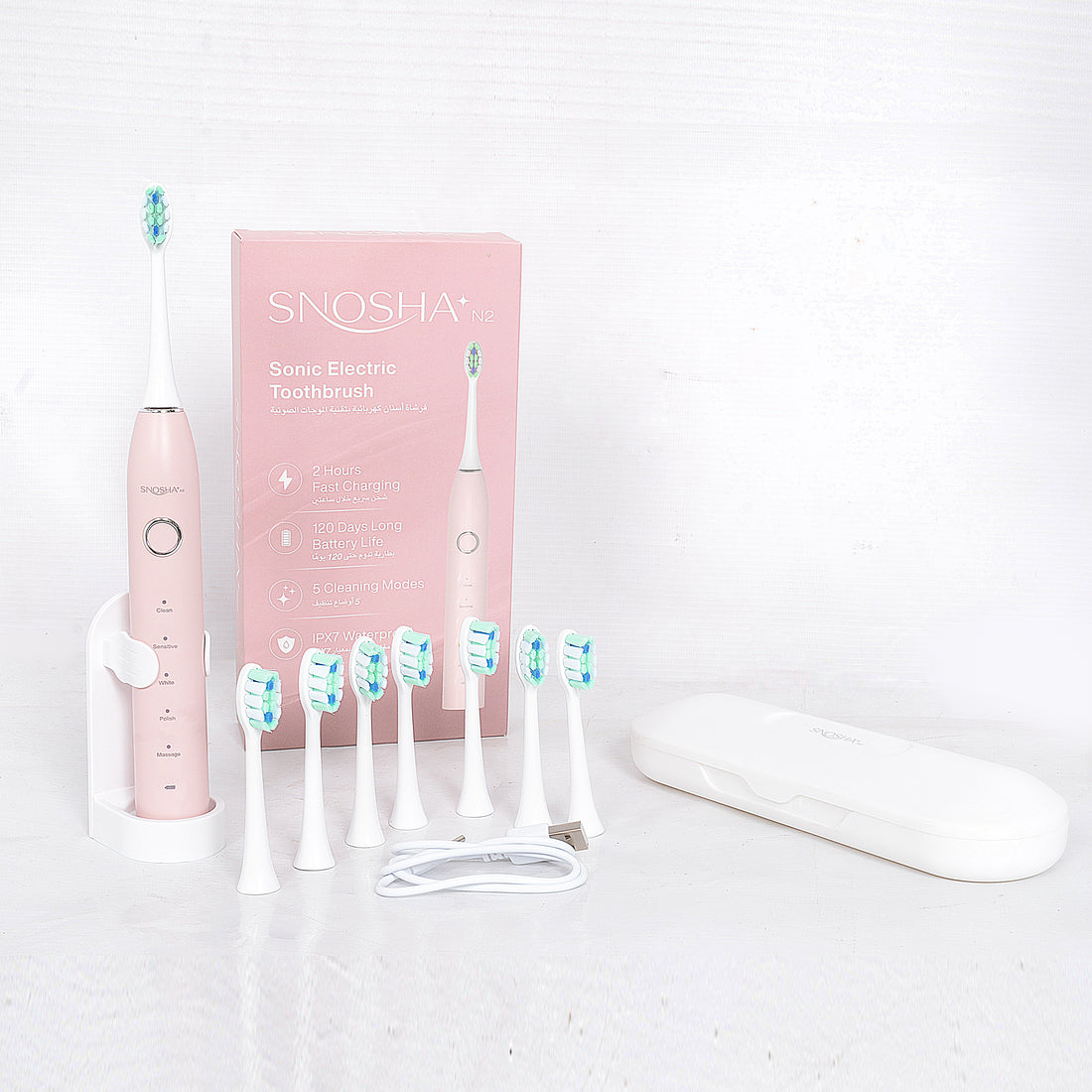 Snosha N2 pink electric toothbrush complete kit with box, 8 brush heads, travel case and charging stand