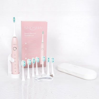 Snosha N2 pink electric toothbrush complete kit with box, 8 brush heads, travel case and charging stand