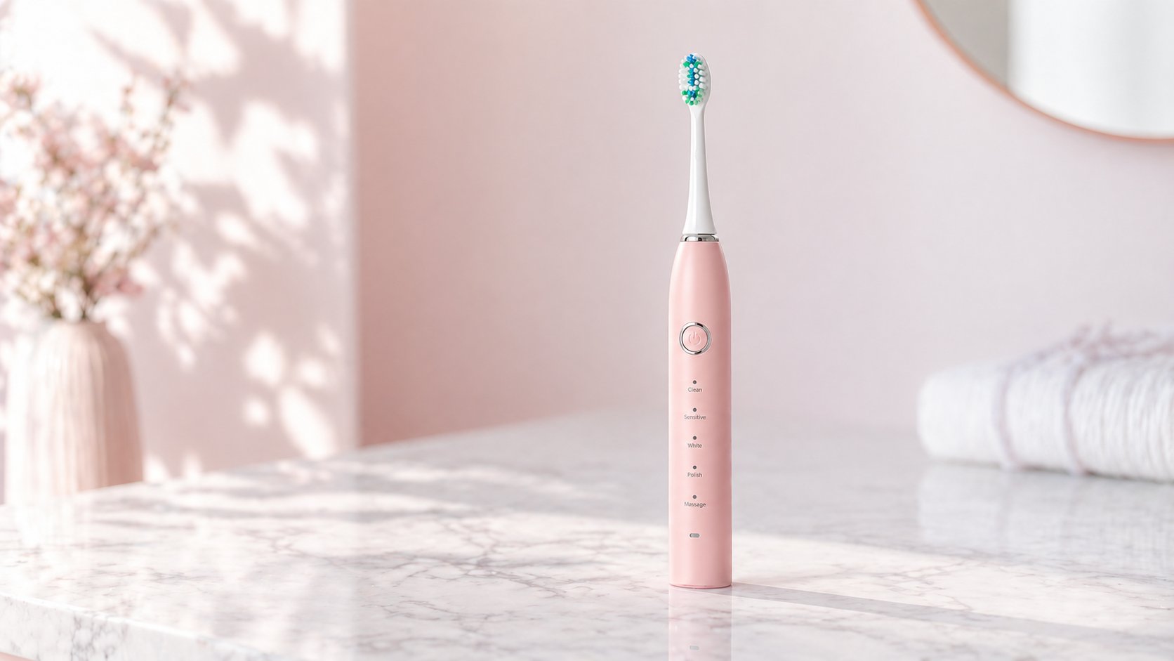 Snosha N2 pink sonic electric toothbrush in elegant pink bathroom setting