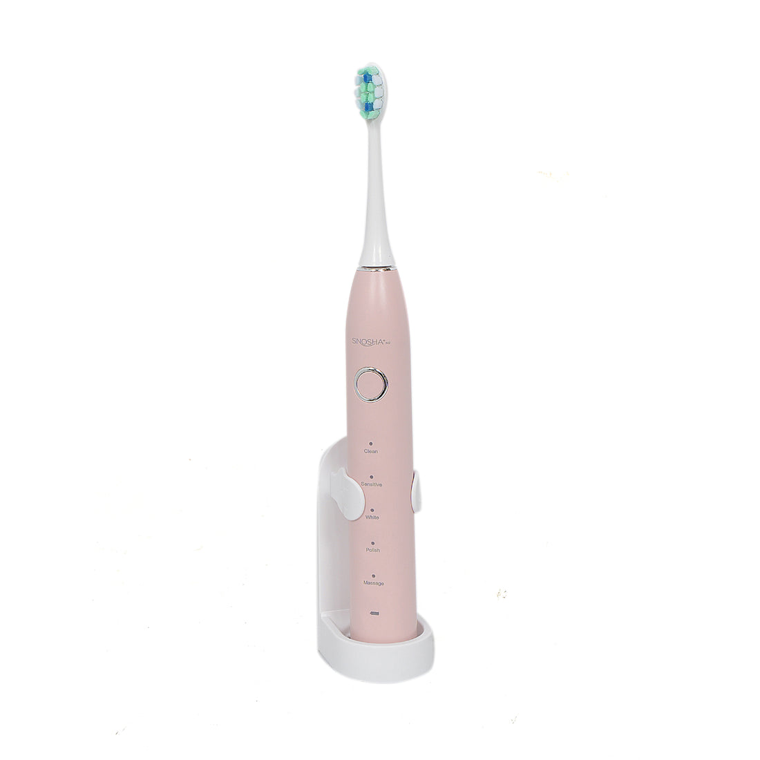 Snosha N2 pink sonic electric toothbrush in charging stand, white background