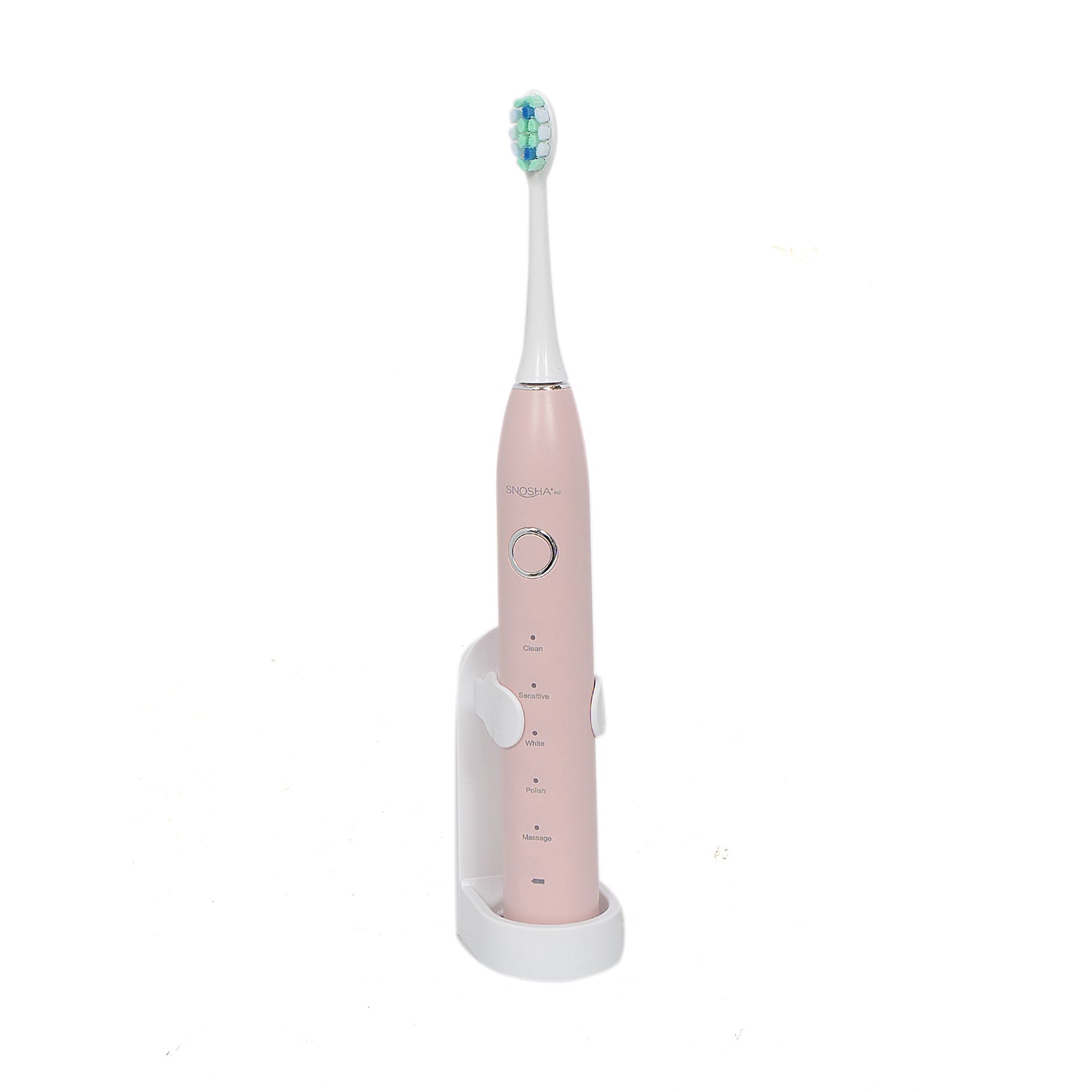 Snosha N2 pink sonic electric toothbrush in charging stand, white background