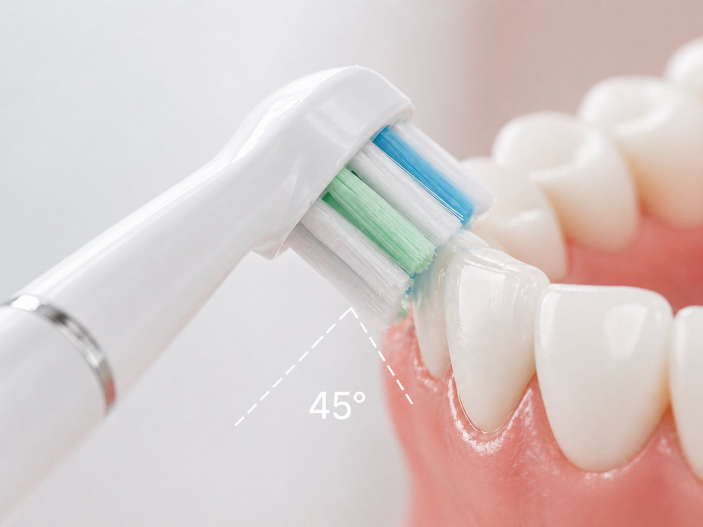 Snosha N2 white toothbrush DuPont brush head at 45-degree angle with angle indicator graphic
