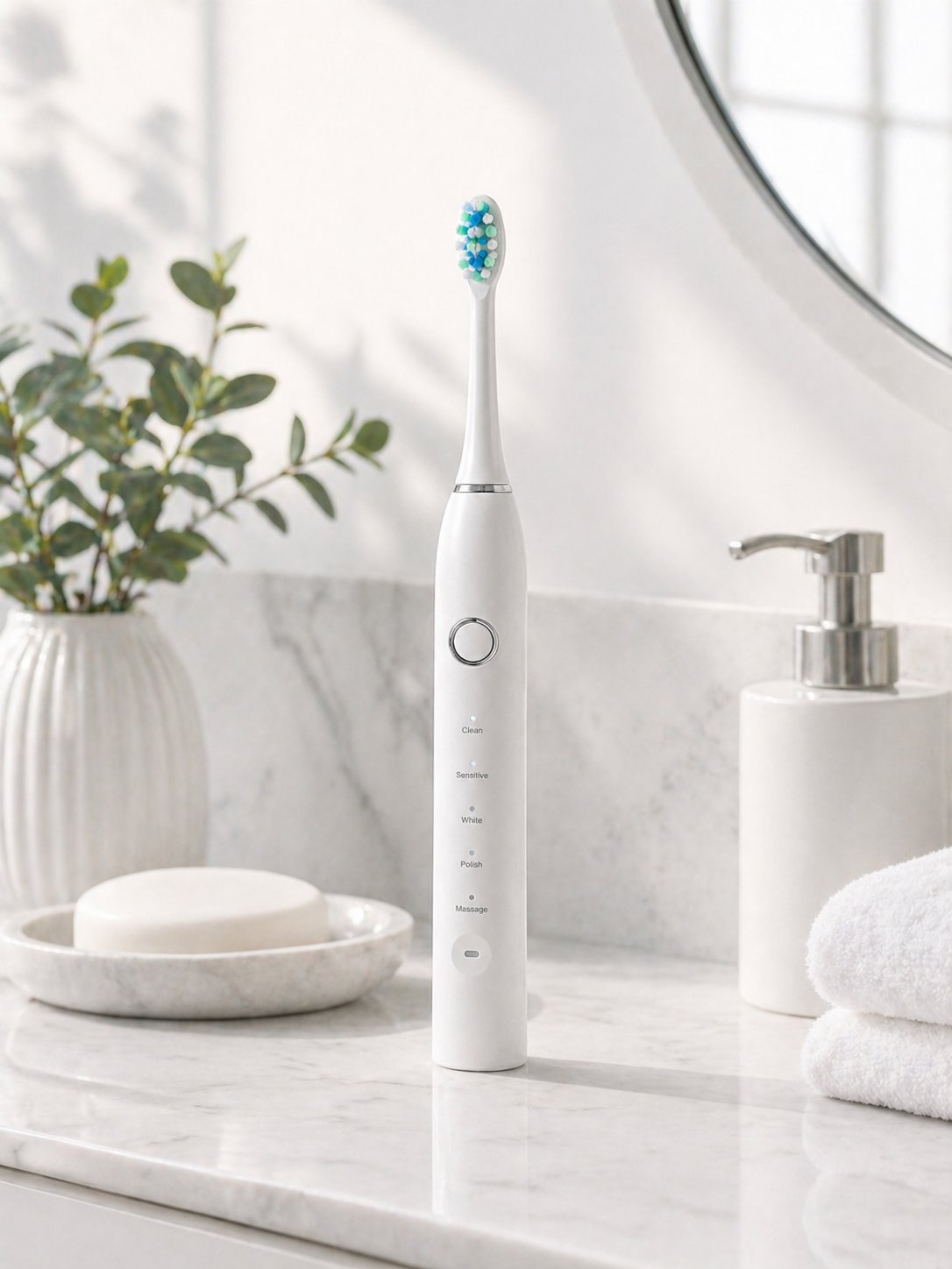 Snosha N2 white electric toothbrush in elegant white marble bathroom with mirror and plant