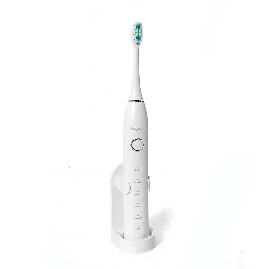 Snosha N2 white sonic electric toothbrush in charging stand on white background