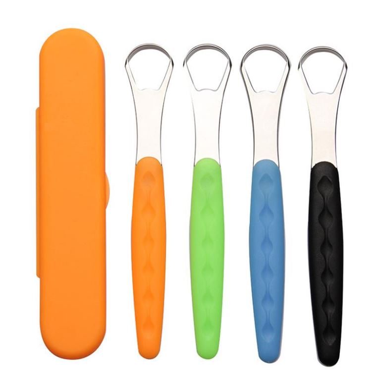Snoshax tongue scraper available in 4 colors: orange, green, blue, and black with carrying case