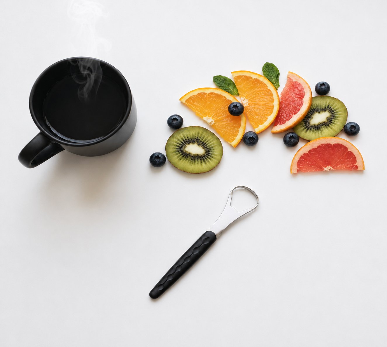 Snoshax tongue scraper for fresh breath  lifestyle flat lay with coffee mug and fresh fruits
