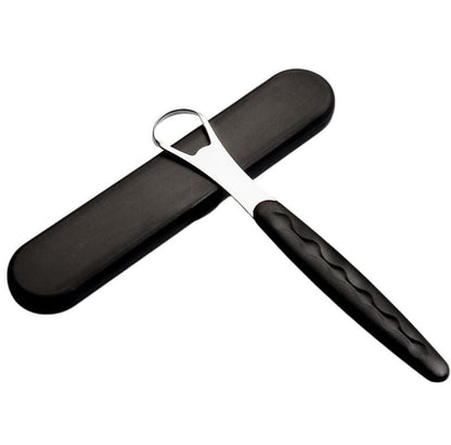 Snoshax stainless steel tongue scraper in black color with matching travel case