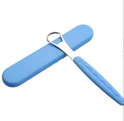 Snoshax stainless steel tongue scraper in blue color with matching travel case