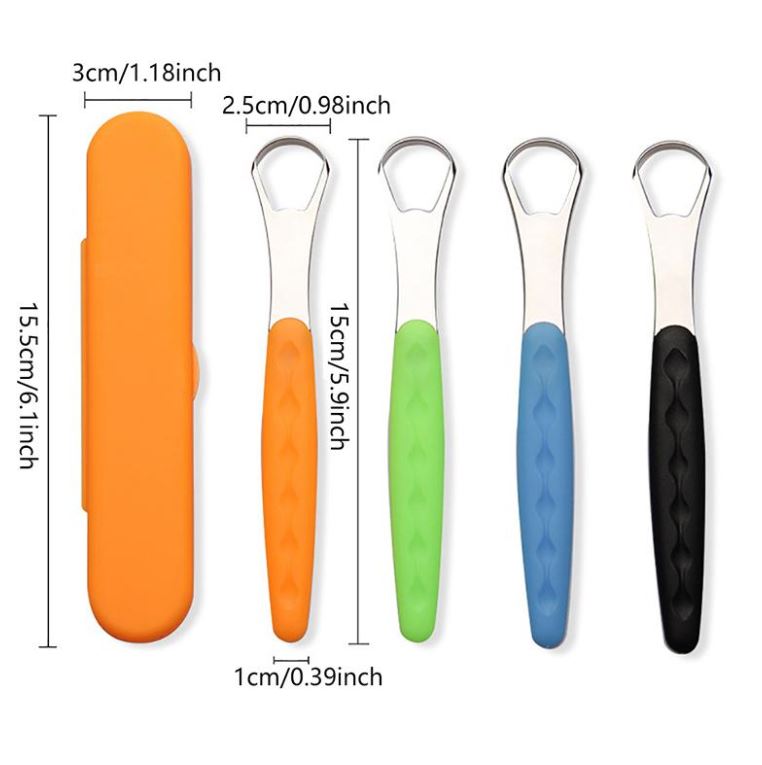 Snoshax tongue scraper dimensions 15cm long with 4 color variants and orange carrying case