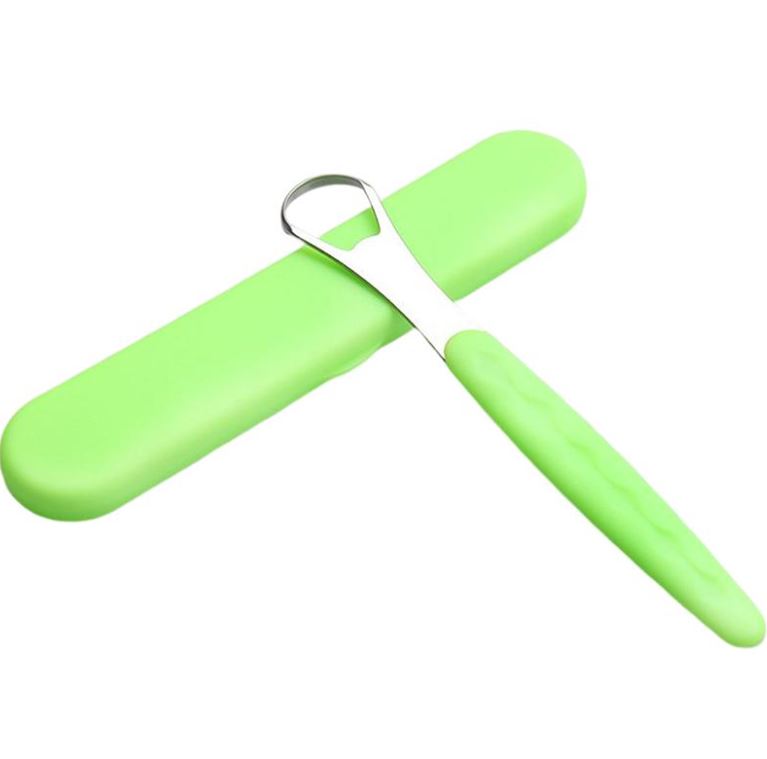 Snoshax stainless steel tongue scraper in green color with matching travel case