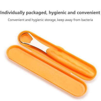 Snoshax stainless steel tongue scraper with orange hygienic travel case  individually packaged