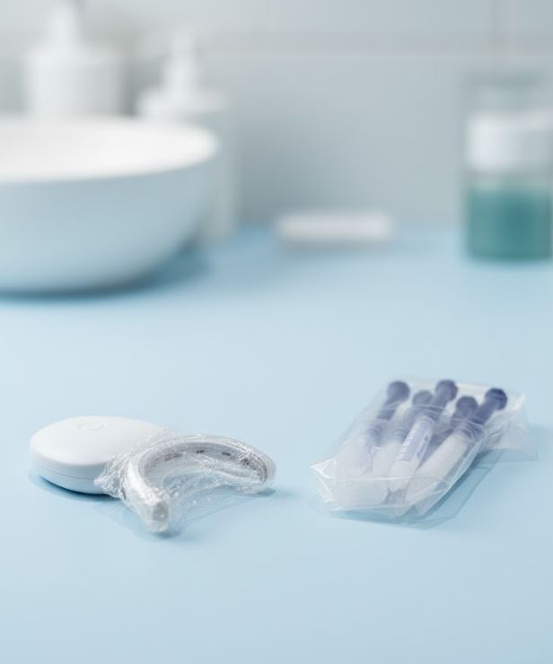 Snosha teeth whitening kit complete contents: LED device, 6 gel syringes, dental trays and USB cable